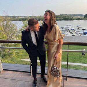 Gold BHLDN Leila Deep-V Flutter-Sleeve Satin A-Line Gown